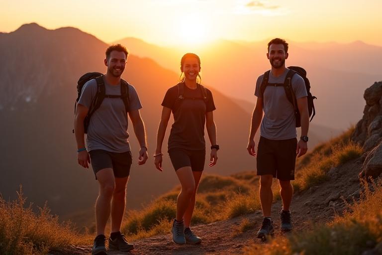 Founding team of TrailBlaze Gear on a rugged mountain trail at sunrise, smiling.