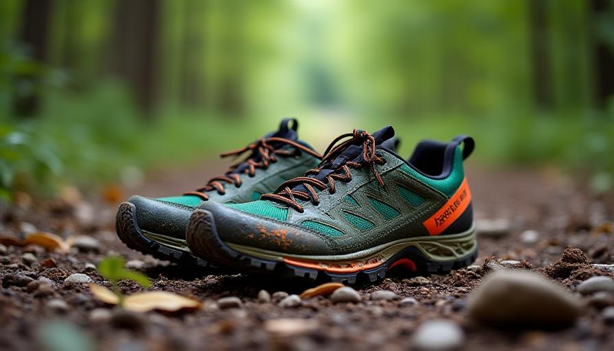Trail running shoes on a muddy forest path, representing terrain matching.